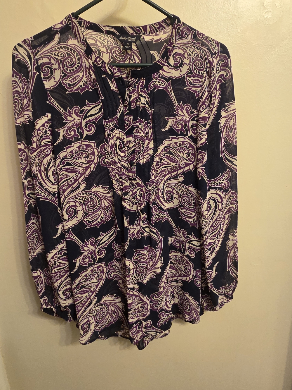 Lucky Brand Sheer Rayon Floral Paisley Peasant Boho Chic Top Purple Navy Size S